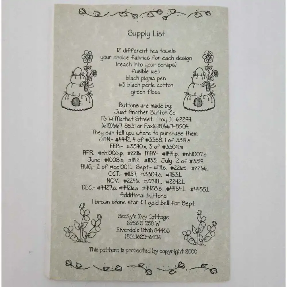 Vintage Becky's Ivy Cottage Fun With Tea Towels Applique Pattern BIC54 Seasonal